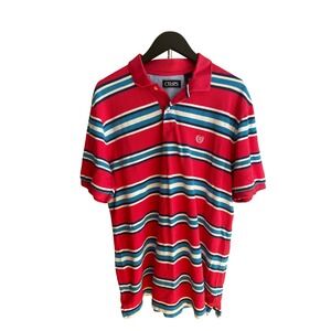 Red Blue Striped Polo Shirt Men's Large Chaps 100% Cotton Y2K Preppy